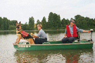 German shepherd on boat Water Scenting